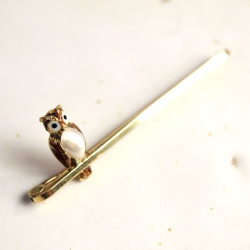 15金 エナメル＆バロックパール フクロウ ブローチ