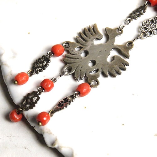 アンティークシルバー　ダブルヘッドイーグル コーラル　ネックレス