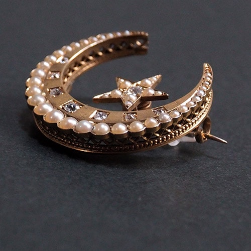 18金　ダイヤモンド＆シードパール　ムーン＆クレセントブローチ