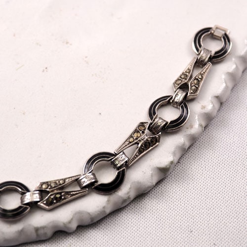 シルバー　ブラックエナメル＆マーカサイト　アールデコブレスレット