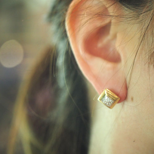 18金　ダイヤモンドパヴェセッティング　スクエアピアス（アンティークジュエリー）