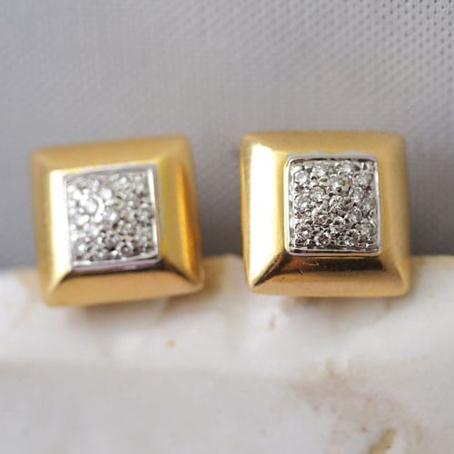 18金　ダイヤモンドパヴェセッティング　スクエアピアス（アンティークジュエリー）