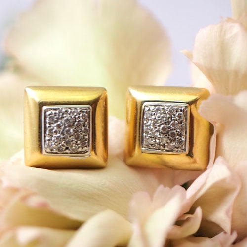 18金　ダイヤモンドパヴェセッティング　スクエアピアス（アンティークジュエリー）