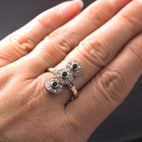 14金　ブルーサファイヤ＆ダイヤモンド　アールデコリング