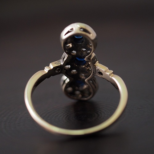 14金　ブルーサファイヤ＆ダイヤモンド　アールデコリング