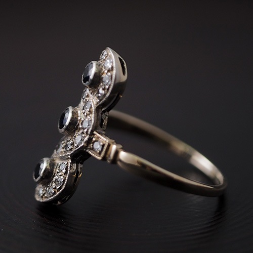 14金　ブルーサファイヤ＆ダイヤモンド　アールデコリング