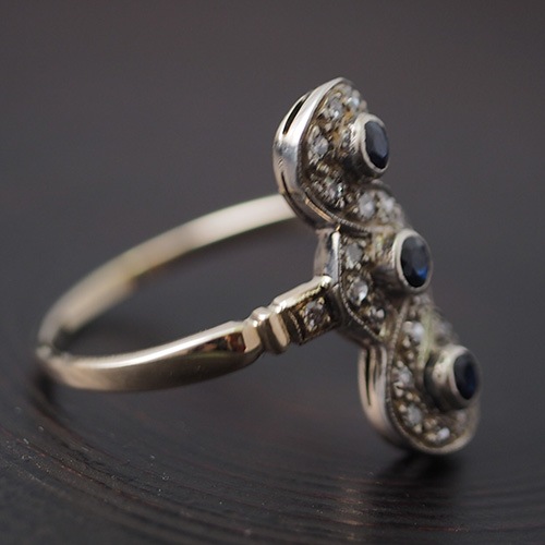 14金　ブルーサファイヤ＆ダイヤモンド　アールデコリング
