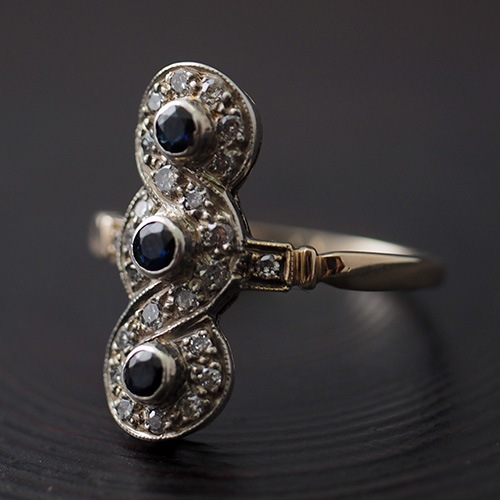 14金　ブルーサファイヤ＆ダイヤモンド　アールデコリング