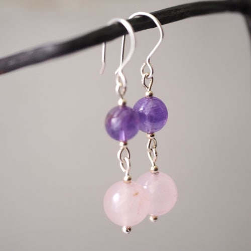 フィンランド シルバー　アメシスト＆ローズクォーツ　ピアス（北欧 ヴィンテージジュエリー）