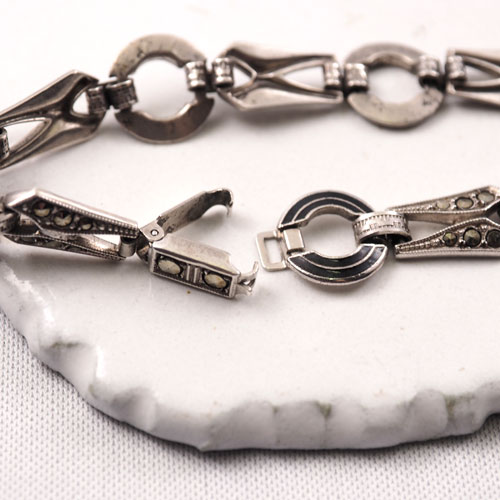 シルバー　ブラックエナメル＆マーカサイト　アールデコブレスレット