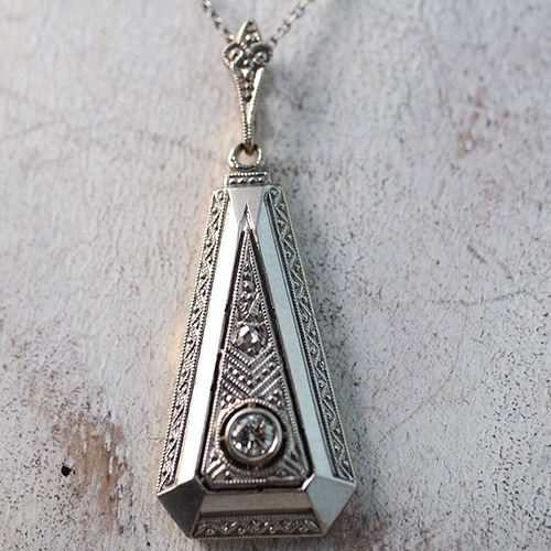 14金　ダイヤモンド　ミルグレイン　アールデコペンダント