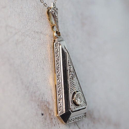 14金　ダイヤモンド　ミルグレイン　アールデコペンダント