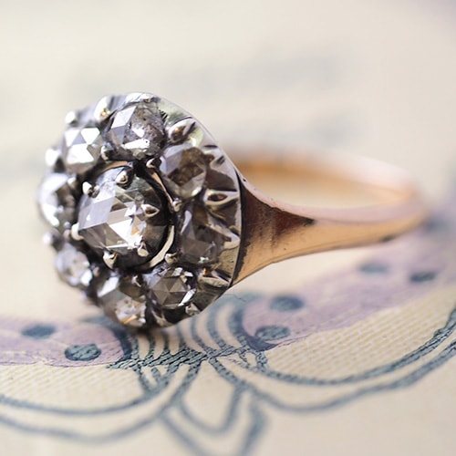 14金 シルバー ローズカットダイヤモンド クラスターリング