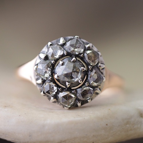 14金 シルバー ローズカットダイヤモンド クラスターリング