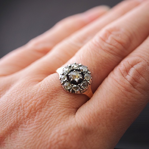 14金 シルバー ローズカットダイヤモンド クラスターリング