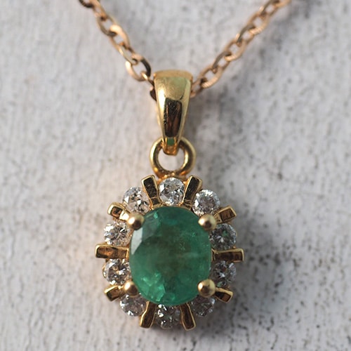 18金 天然エメラルド ダイヤモンド プチペンダント