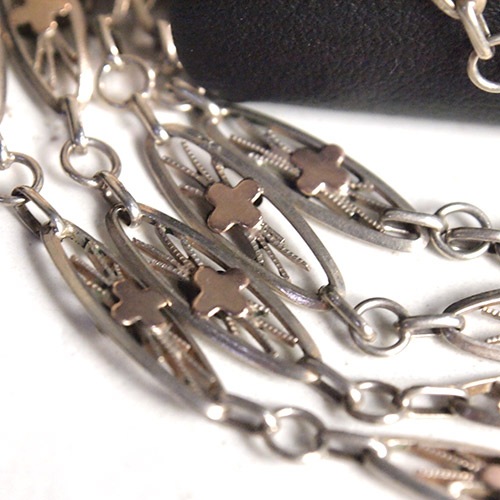 シルバー＆ゴールドプレート　クロス　フレンチフィリグリネックレス140cm