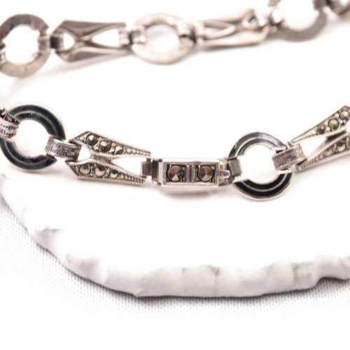 シルバー　ブラックエナメル＆マーカサイト　アールデコブレスレット