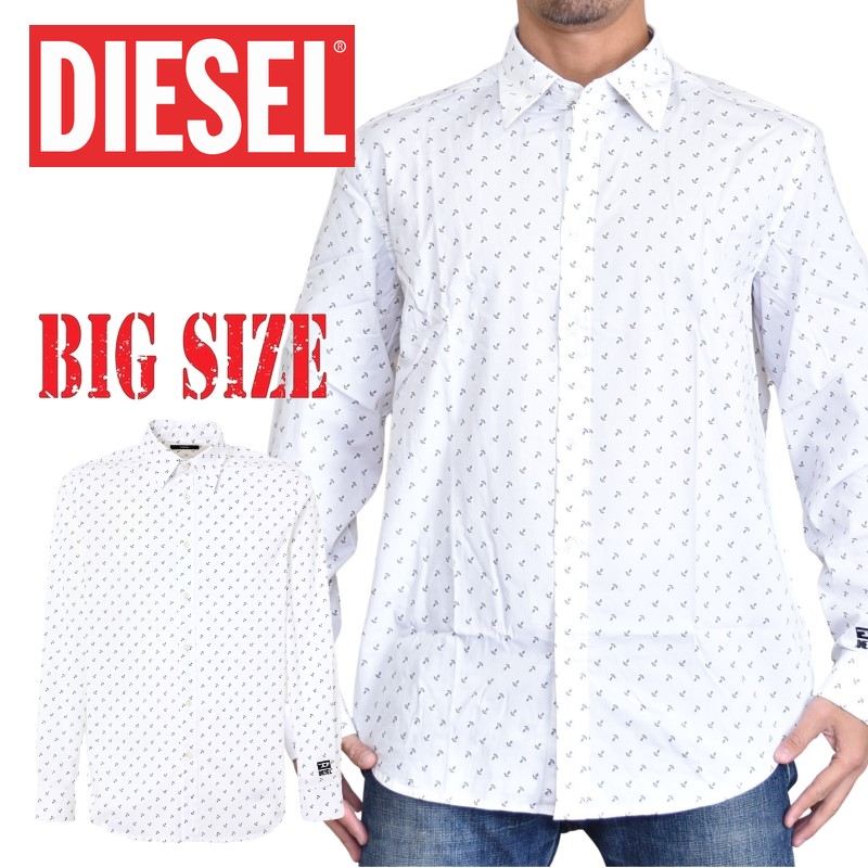 大きいサイズ メンズ ディーゼル Diesel アンカー柄 長袖シャツ S-RILEY-ANC-KA 白 ホワイト XXL-【deff】 大きいサイズ メンズセレクトショップ
