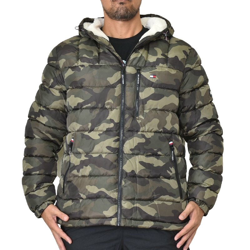 大きいサイズメンズ Tommy Hilfiger トミーヒルフィガー 中綿ジャケット ダウン アウター 迷彩 ボア カモフラ Nylon Chevron Quilted Hoody Xl Xxl 大きいサイズのメンズ服専門店 Deff