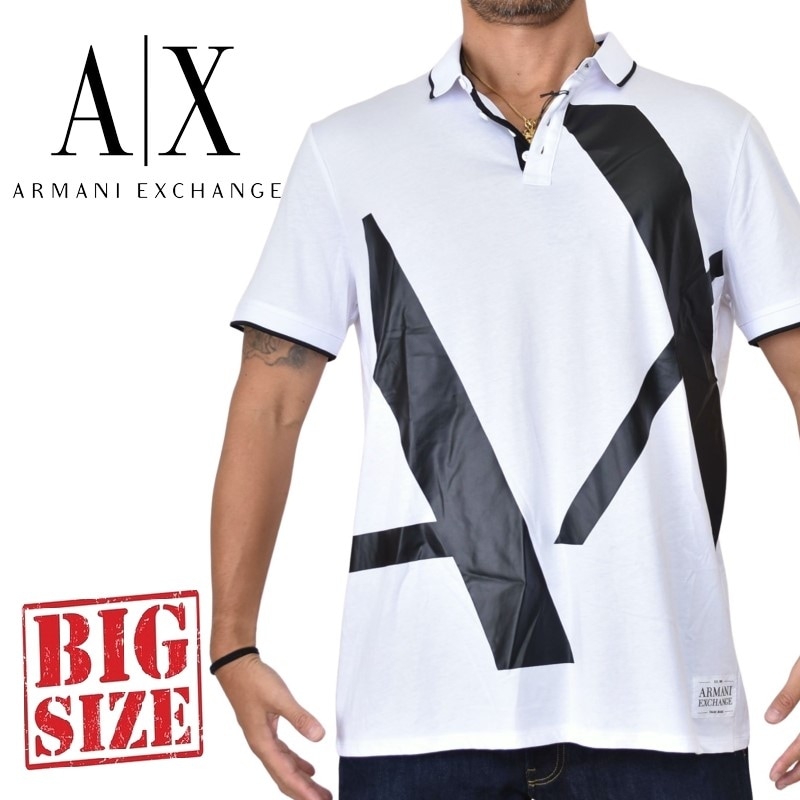 BIG XL ARMANI EXCHANGE ロゴ総柄 半袖ポロシャツ紺/白