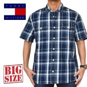 �礭����������� �ȥߡ��ҥ�ե����� TOMMY HILFIGER Ⱦµ ����� ����ǥ��� �����å� �ǥ˥ॷ��� Indigo Plaid Short Sleeve Shirt XL