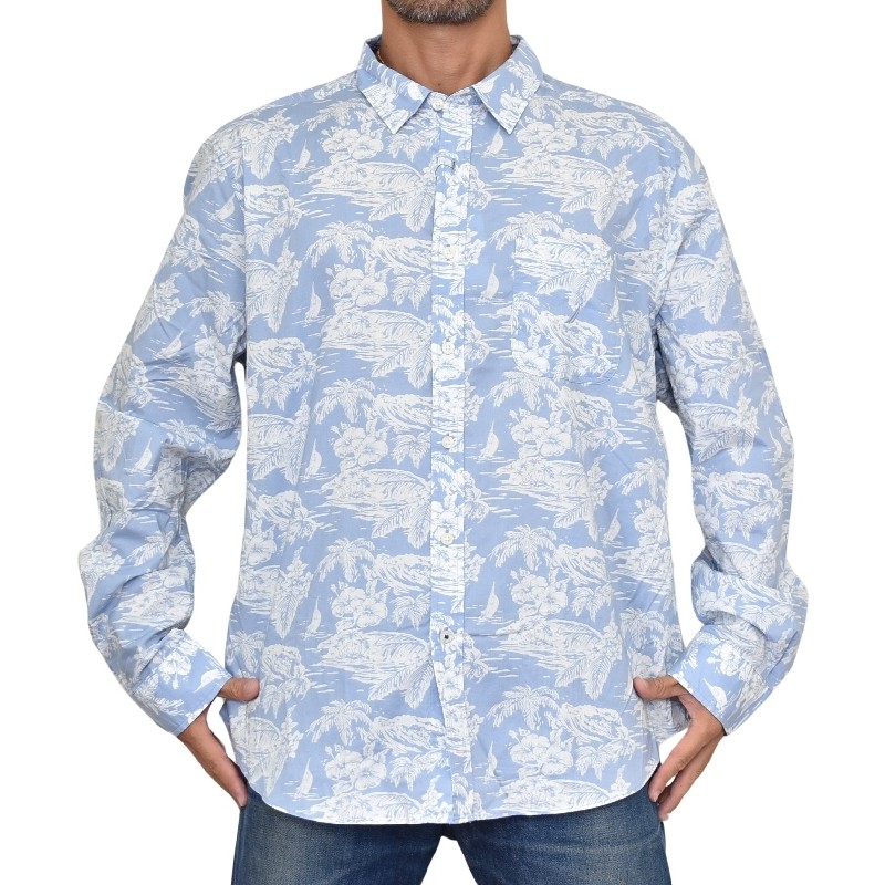 �礭�������� ��� NAUTICA �Ρ��ƥ��� �Ρ����� Ĺµ ����� ���� �ե� ������ �ݥ��å� printed poplin shirt XXL XXXL