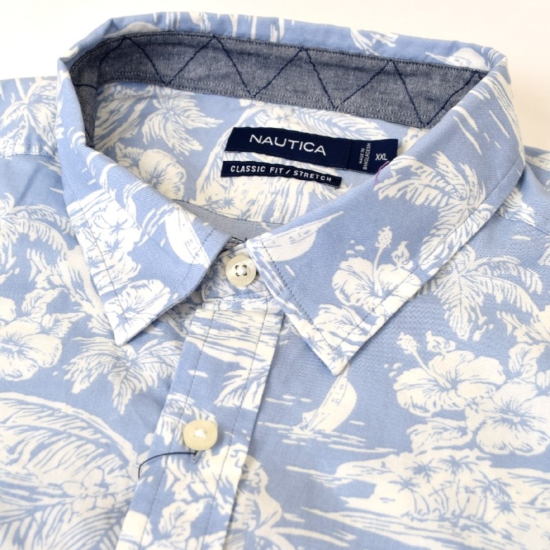 �礭�������� ��� NAUTICA �Ρ��ƥ��� �Ρ����� Ĺµ ����� ���� �ե� ������ �ݥ��å� printed poplin shirt XXL XXXL