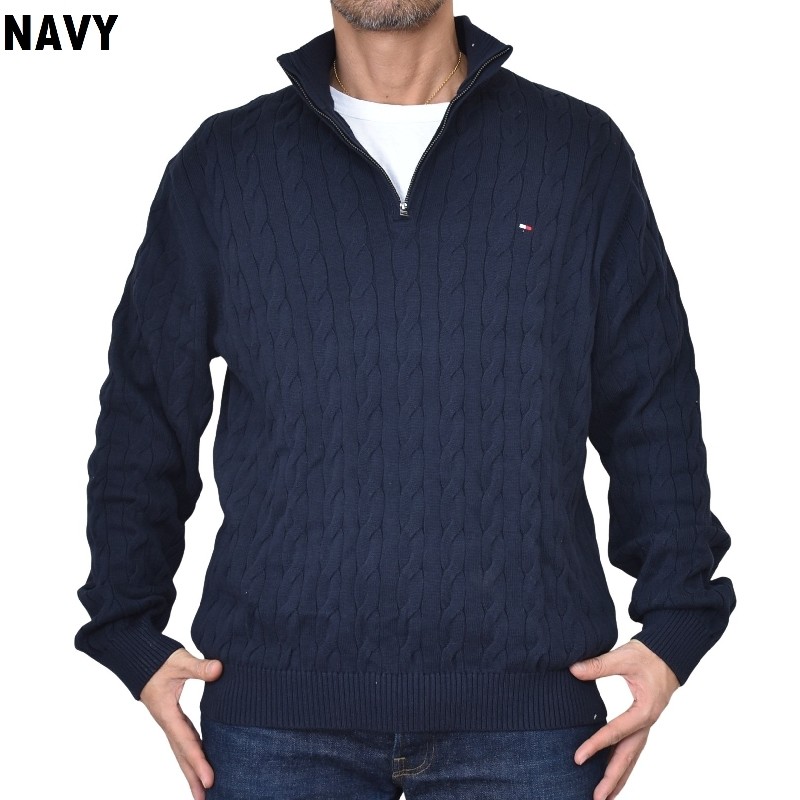 �礭����������� �ȥߡ��ҥ�ե����� TOMMY HILFIGER �����֥�˥å� �������� �ϡ��ե��å� �������������å� ���åȥ� Ĺµ �ȥåץ� �����֥��Ԥ� �ɽ� ���� ������ɥ��顼 Cable Knit Quarter-Zip Sweater XXL