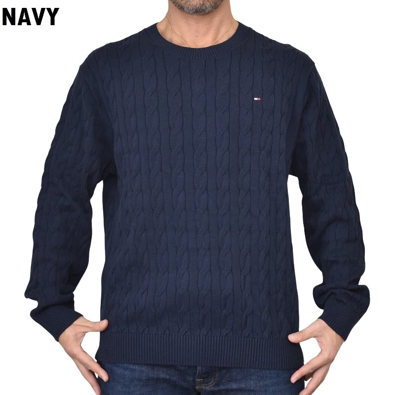 �礭����������� �ȥߡ��ҥ�ե����� TOMMY HILFIGER �����֥�˥å� �������� ���롼�ͥå� ���åȥ� �ݼ� Ĺµ �ȥåץ� �����֥��Ԥ� �����ɽ� Cable Knit Crewneck Sweater XXL