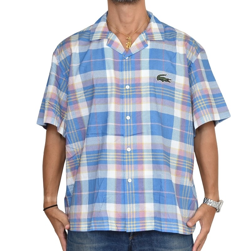�礭�������� ��� �饳���� LACOSTE Ⱦµ����� �����å��� ���ݥ���� �Хå��ץ��� Short Sleeve Organic Cotton Check Shirt 45 XXL