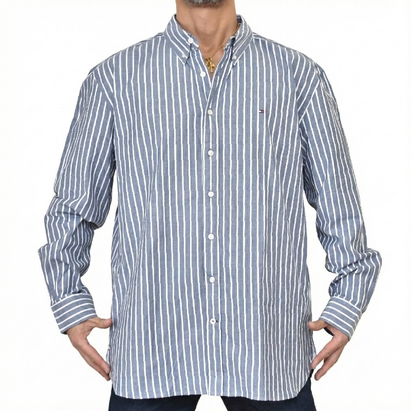 �礭����������� TOMMY HILFIGER �ȥߡ��ҥ�ե����� Regular Fit Stripe Print All-Day Shirt Ĺµ ���ȥ饤�� �ץ��� ������ǥ� ���ȥ�å� �ȥåץ� �磻����� XXL