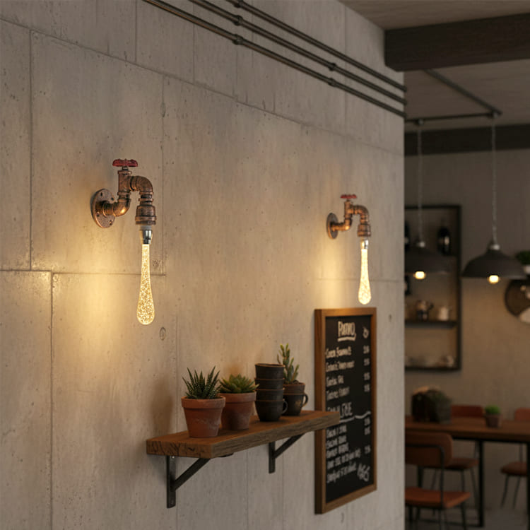 重厚な鉄と繊細な光が融合する蛇口型壁付照明。ヴィンテージな部屋に最適! | WL016