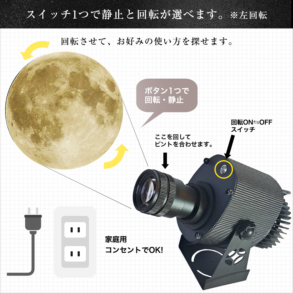 まるで十五夜!天井や壁に浮かぶリアルな満月のプロジェクターライト|Z018