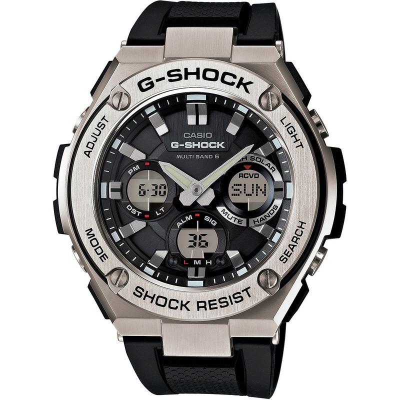 【新品】CASIO カシオ メンズ 腕時計 G-SHOCK Gショック Gスチール 海外モデル CASIO ソーラー 電波時計 ブラック シルバー GST-W110-1A