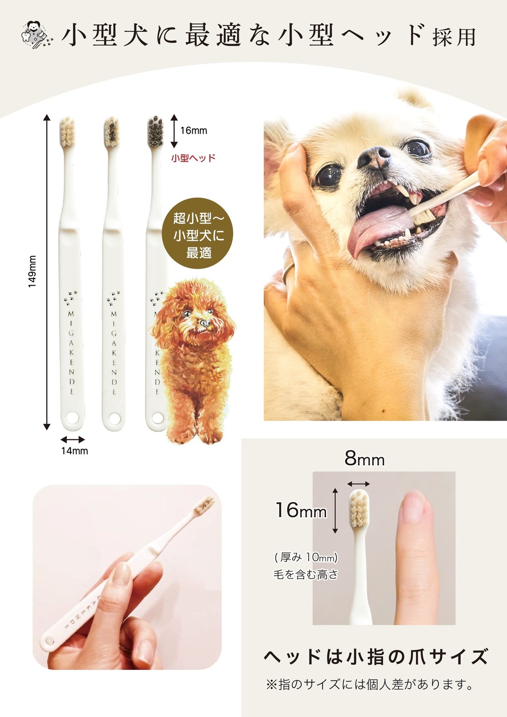 ミガケンデ MIGAKENDE 柔らかい天然毛歯ブラシ 小型犬用 ヤギ＆ウマ