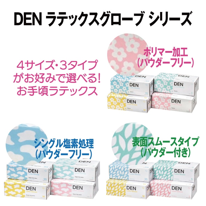 DEN ラテックスグローブ ポリマー加工 パウダーフリー SS/S/M/Lサイズ