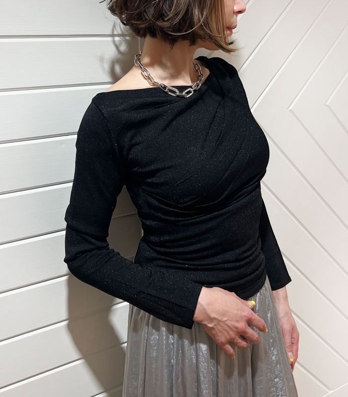 【SALE】【DESERT ROSE】アシメトリーボートネックラメカットソー■TCS-181