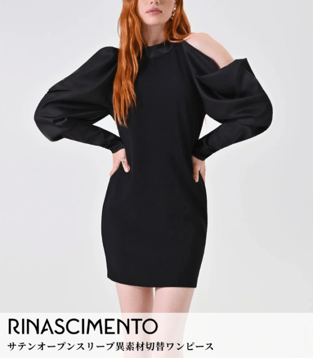 【SALE】【RINASCIMENTO】サテンオープンスリーブ異素材切替ワンピース▼ITRIN126605