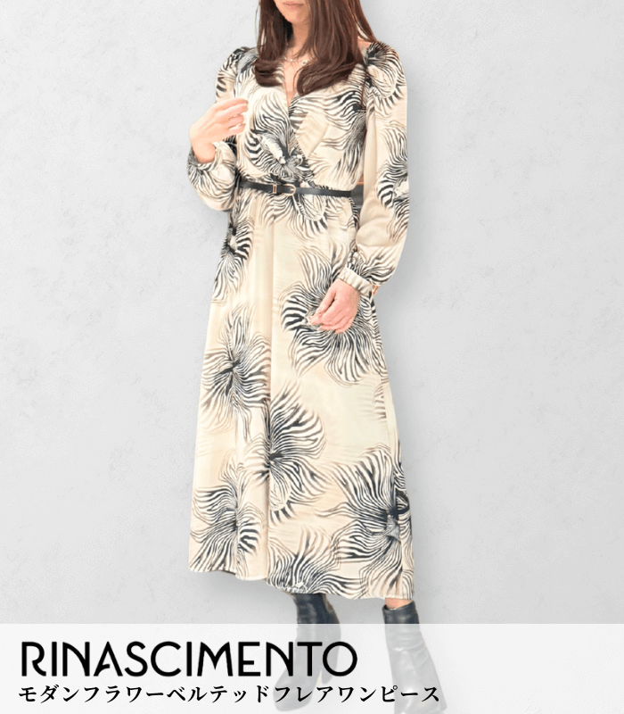 【RINASCIMENTO】モダンフラワーベルテッドフレアワンピース★ITRIN127547