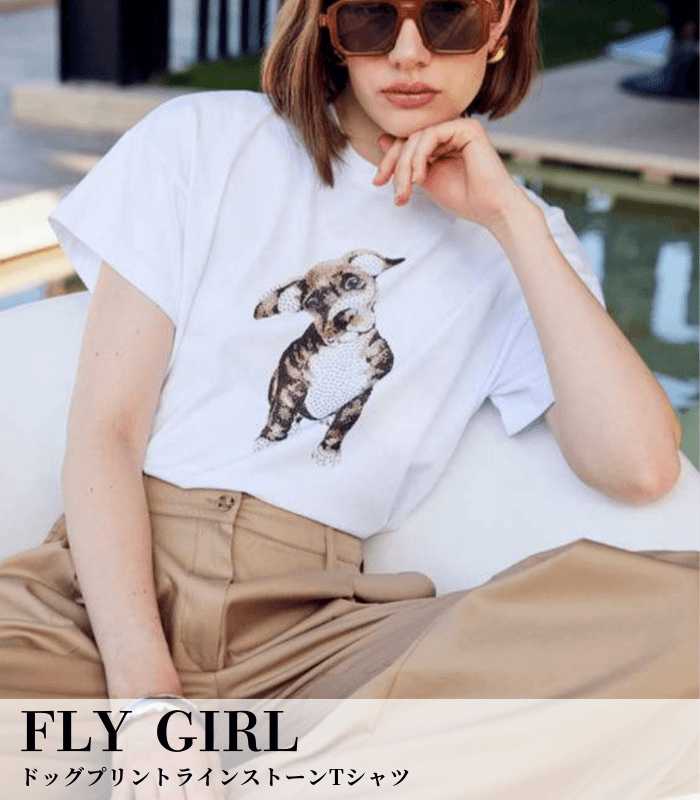 【FLY GIRL】ドッグプリントラインストーンTシャツ★IT1005L-06S