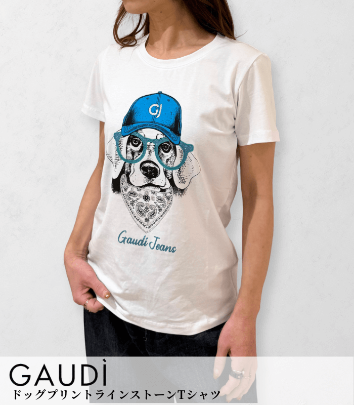 【GAUDI】ドッグプリントラインストーンTシャツ★IT611BD64071