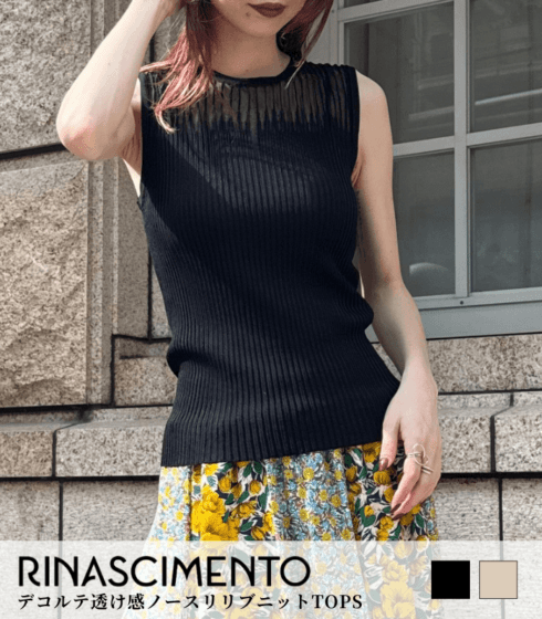 【RINASCIMENTO】デコルテ透け感ノースリリブニットTOPS★☆ITRIN12239