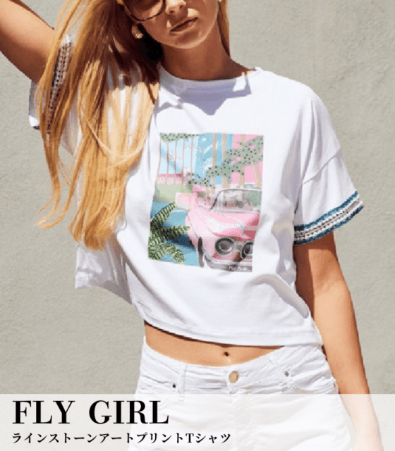 【FLY GIRL】ラインストーンアートプリントTシャツ★IT1005-04