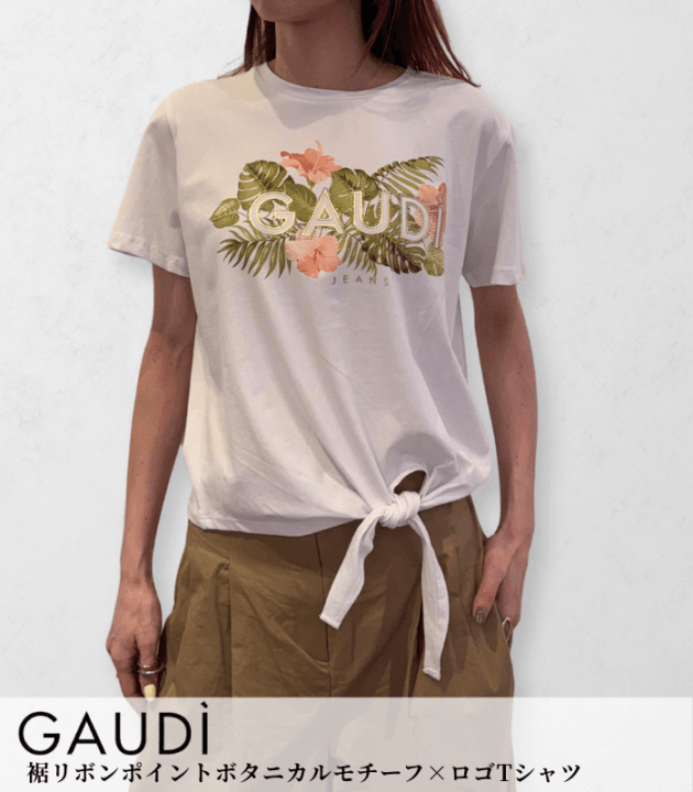 【GAUDI】裾リボンポイントボタニカルモチーフ×ロゴTシャツ★IT611BD64052