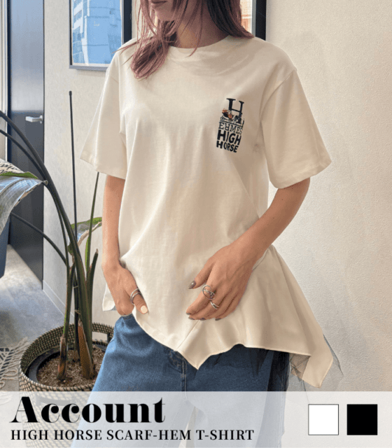 【Account MICALLE】HIGH HORSE SCARF-HEM T-SHIRT★MAD114TEB