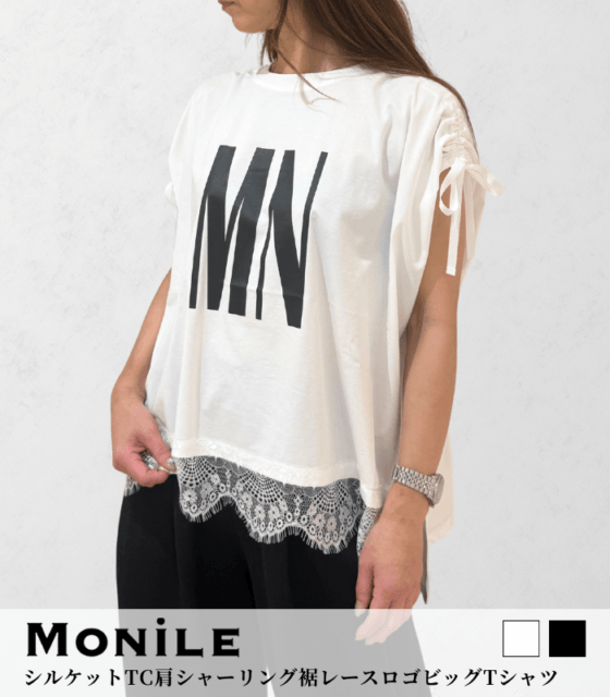 【SALE】【MoNiLE】シルケットTC肩シャーリング裾レースロゴビッグTシャツ▼2936