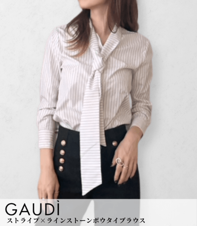 【GAUDI】ストライプ×ラインストーンボウタイブラウス★IT621BD45004