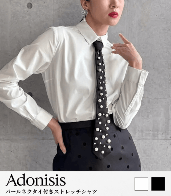 【Adonisis】パールネクタイ付きストレッチシャツ★☆260321