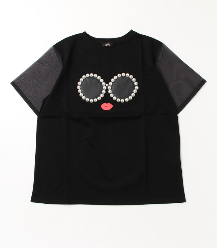 a-jolie パールデザイン Tシャツ ブラック
